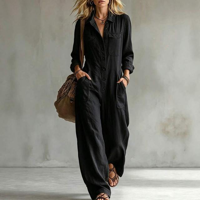 black button front long sleeve wide leg jumpsuit
