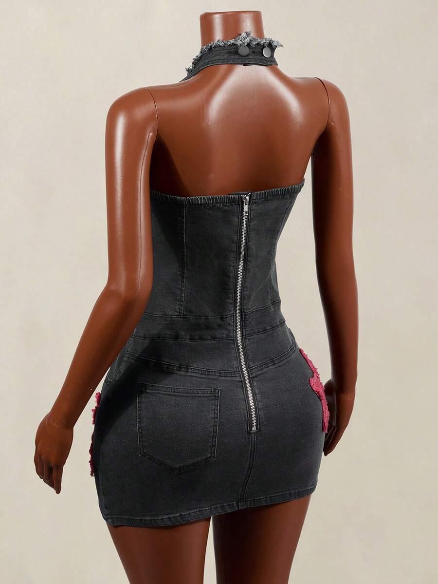 dark denim back halter mini dress with red lace-up