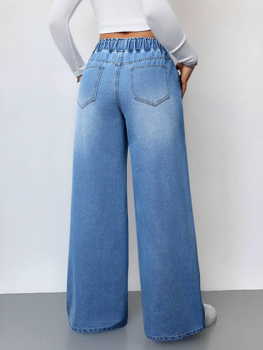 blue denim wide-leg elastic waist casual jeans