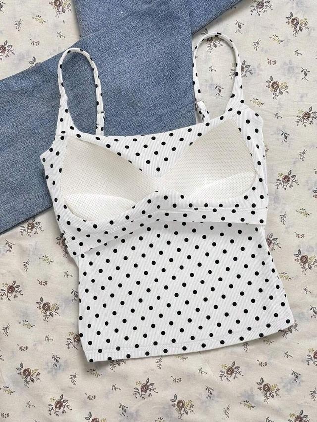 white polka dot ribbed cami top with built-in padded bra