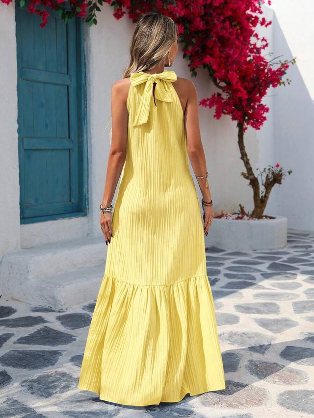 vivid yellow pleated halter neck ruffle hem maxi dress
