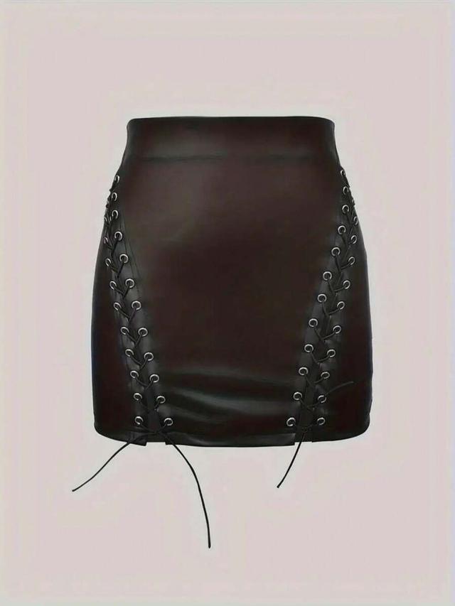 dark brown faux leather lace-up bodycon mini skirt