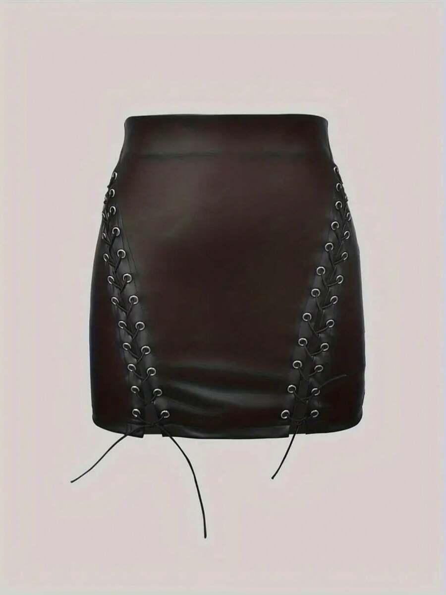 dark brown faux leather lace-up bodycon mini skirt