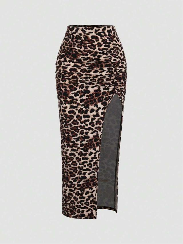 leopard print ruched high slit midi skirt