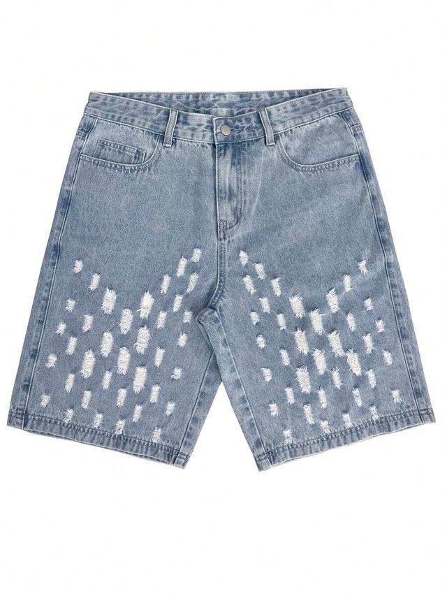 light blue distressed mid-length straight leg denim shorts