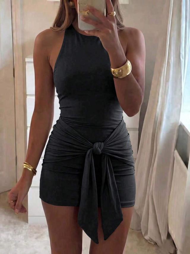 dark grey halter neck mini dress with side tie ruching