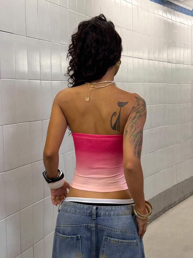 pink gradient fish and wave rhinestone print tube top
