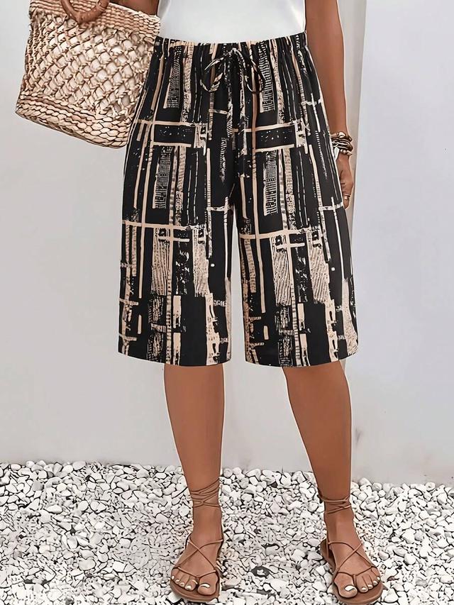 black tan women's casual abstract print lightweight polyester shorts