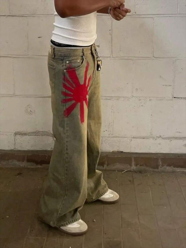 khaki green retro washed wide leg denim trousers with print