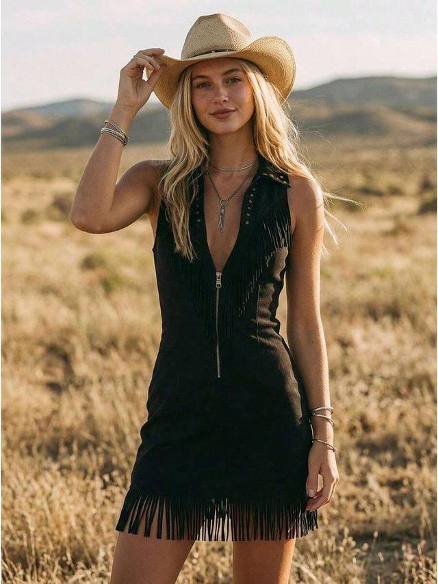 black faux suede zip-front fringe mini dress