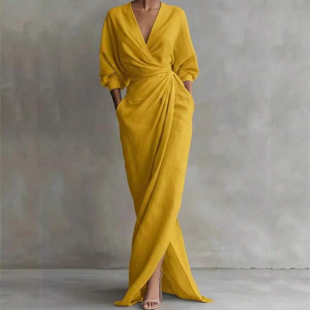 yellow wrap midi dress with draped waist