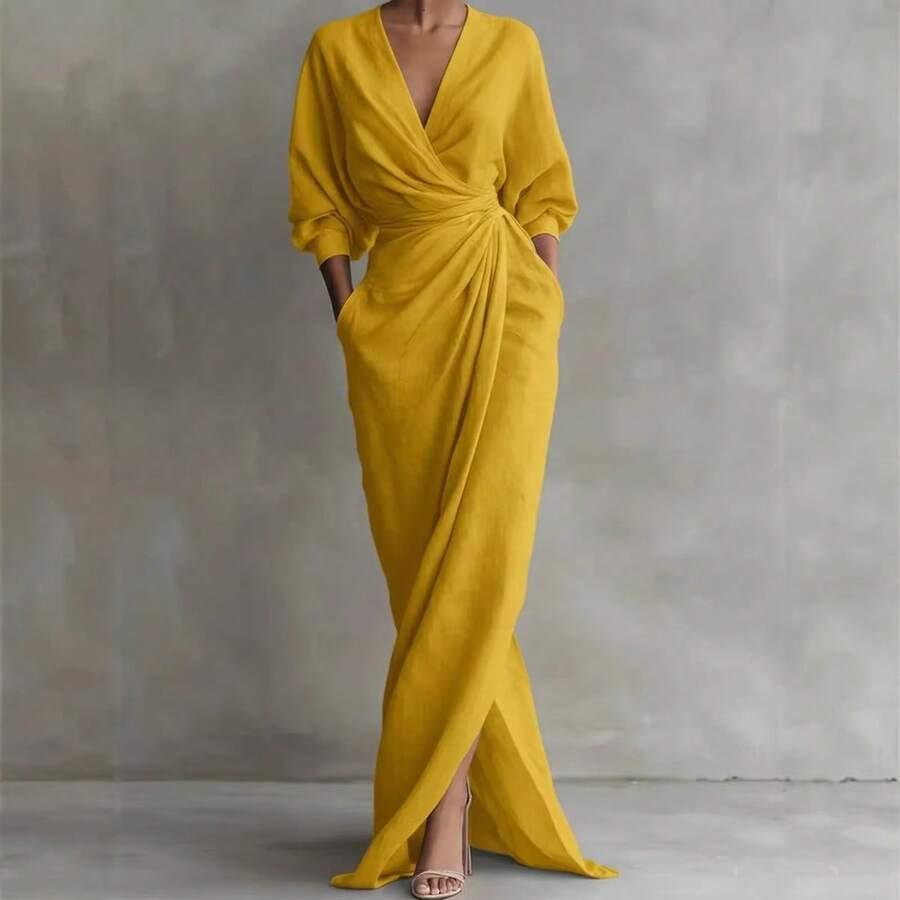 yellow wrap midi dress with draped waist