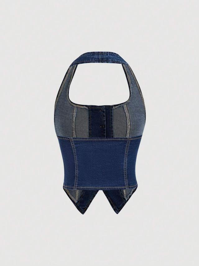 patchwork denim halter neck single-breasted top