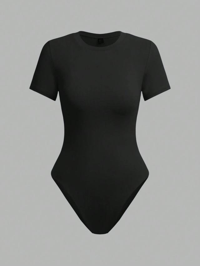 black casual round neck short sleeve cotton bodysuit