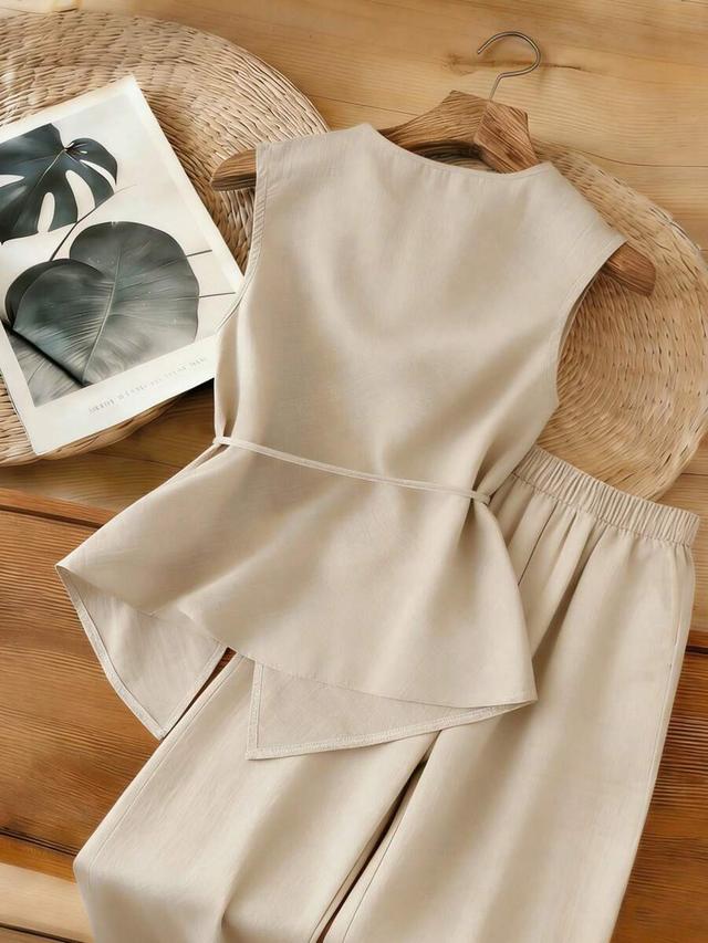 apricot sleeveless linen swing tie-front top and pants set