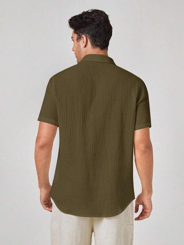 olive green cotton muslin short sleeve casual shirt