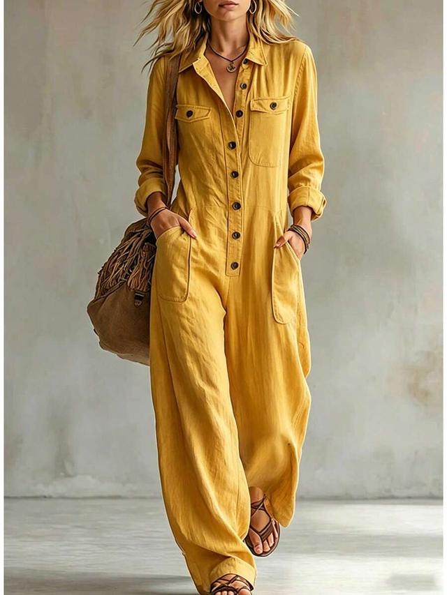 yellow button front long sleeve wide leg jumpsuit
