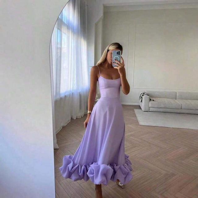 lavender spaghetti strap midi dress with ruffled hem