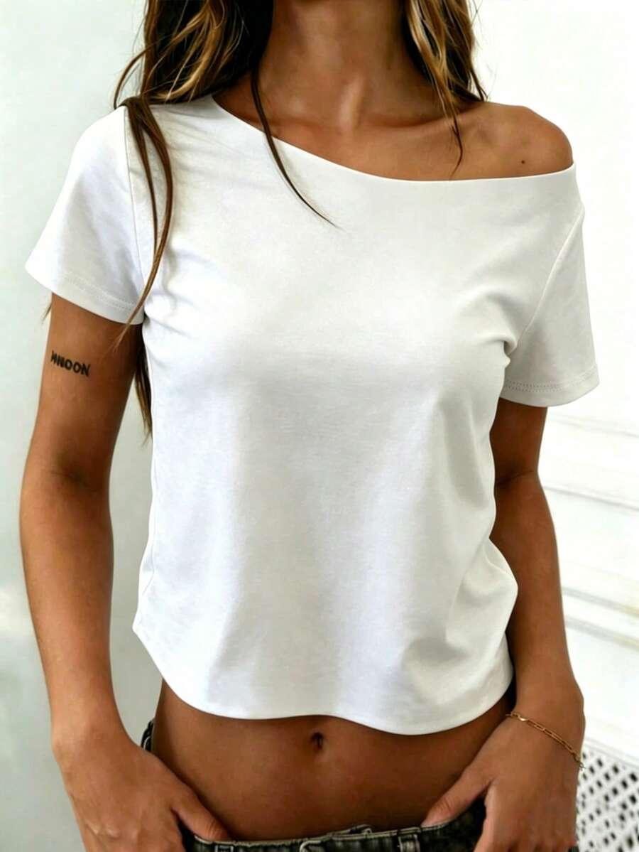 white rovax white fitted cropped oblique shoulder t-shirt