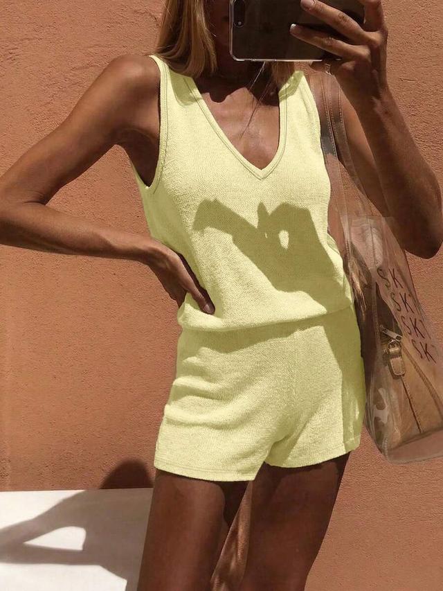 light yellow v-neck knit camisole and shorts set