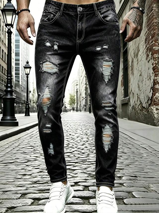 black men's street style ripped stretch slim fit jeans