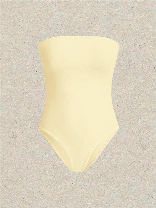 pale yellow strapless seamless thong shapewear bodysuit set