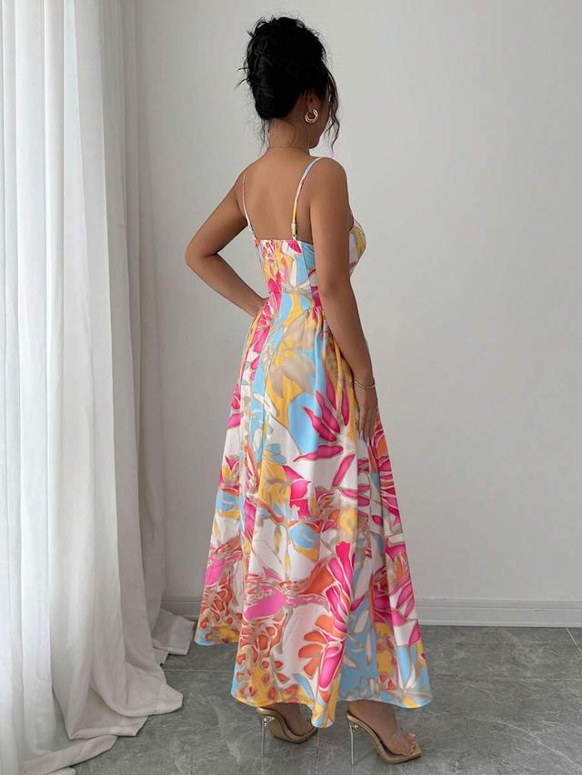elegant floral print beige bustier camisole maxi dress