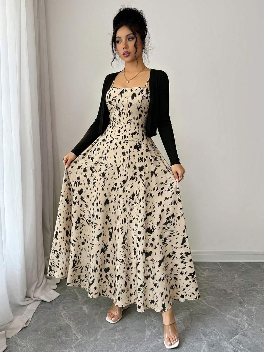 leopard print camisole dress with black cardigan set
