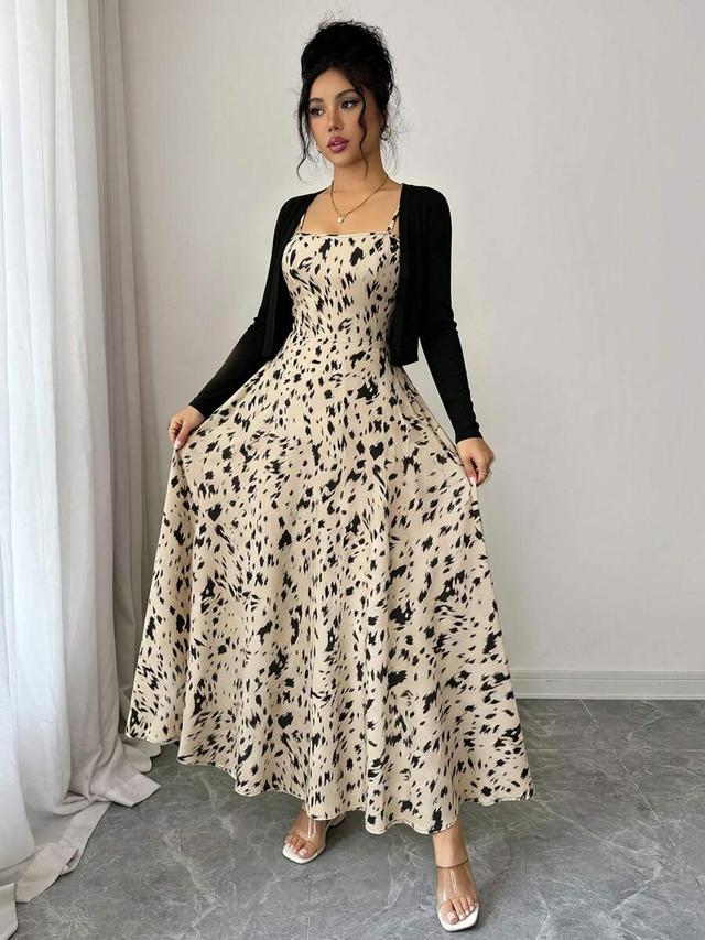 leopard print camisole dress with black cardigan set
