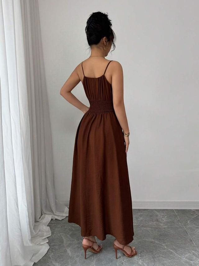 coffee brown linen-like drawstring waist slip dress