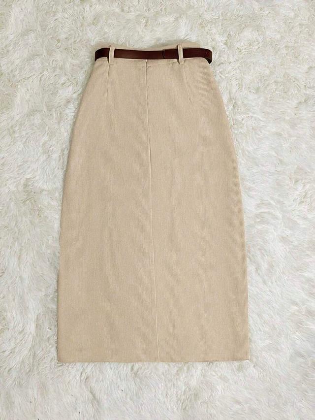 franclia beige corduroy mid-length a-line skirt with slit