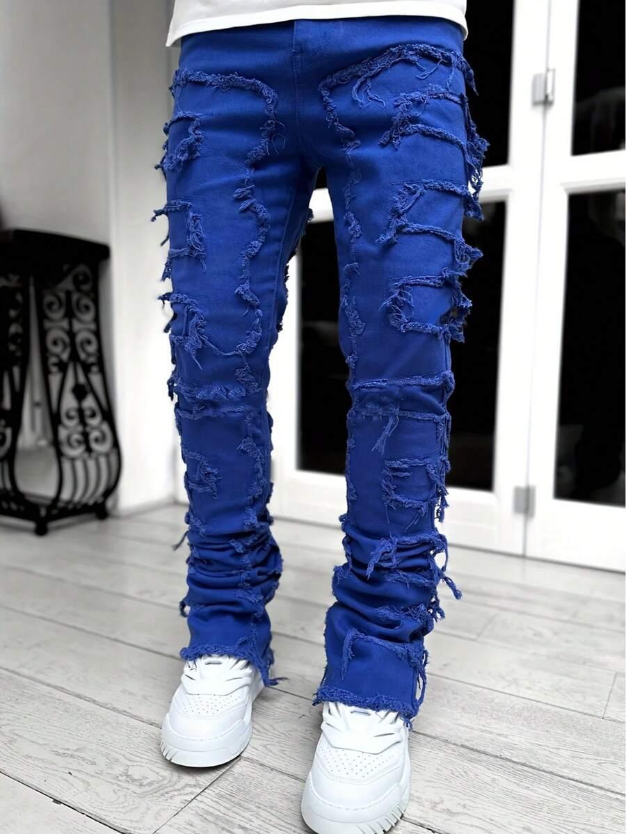 blue distressed tassel detail slim straight jeans