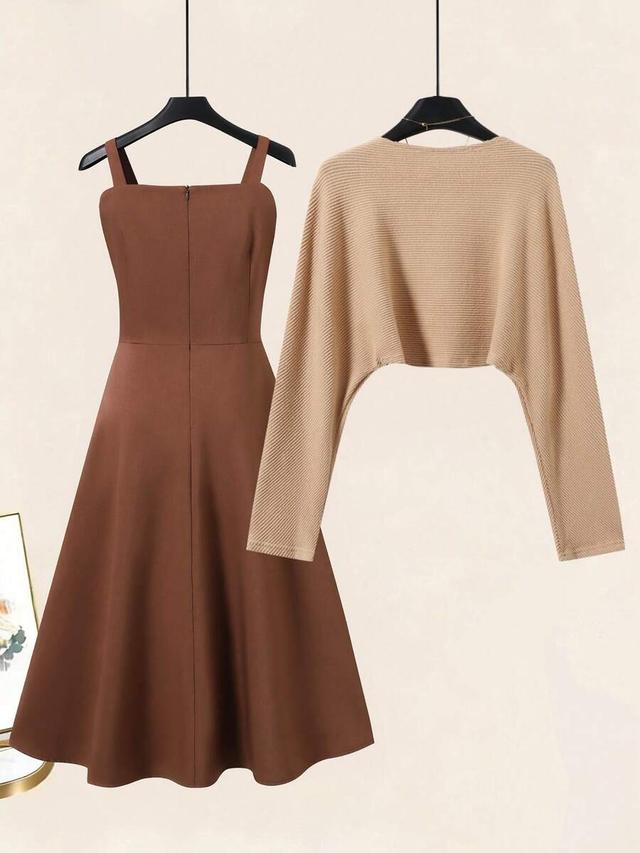beige knit pullover top and a-line dress set