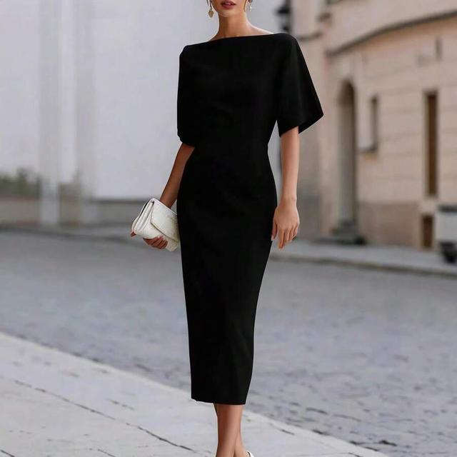 black boat neck midi dress with structured sleeves