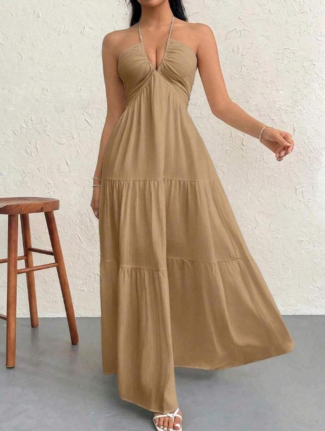tan halter neck tiered maxi dress