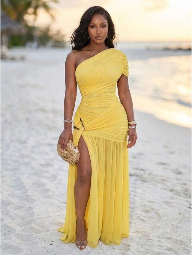 yellow one-shoulder draped maxi dress with side slit