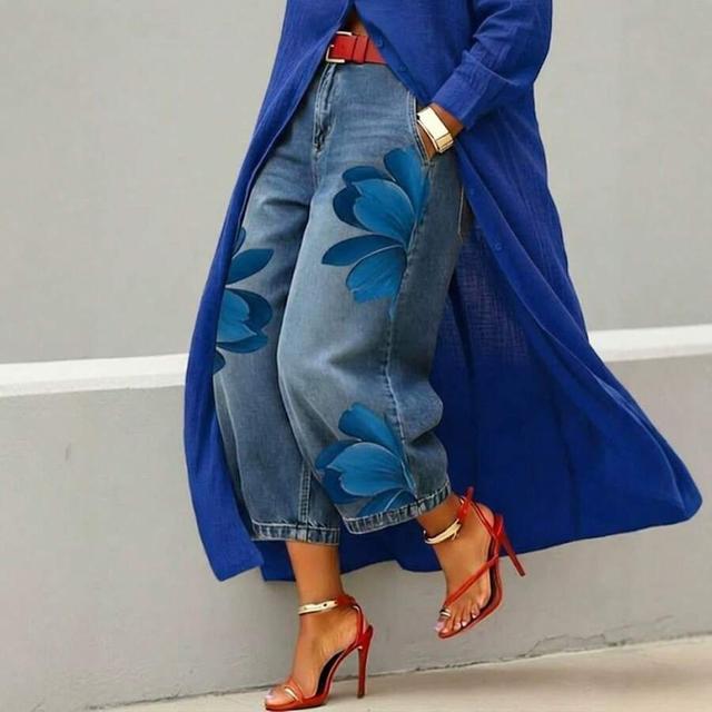 royal blue high waist floral print straight leg cropped denim jeans