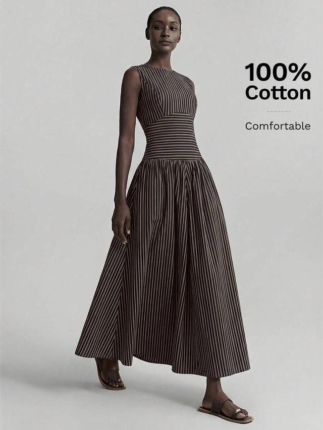 striped sleeveless waist-cinched pleated cotton long dress