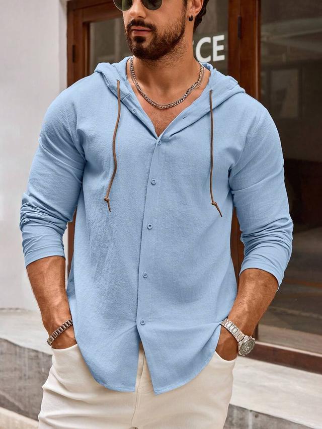 men's light blue linen hooded long sleeve shirt