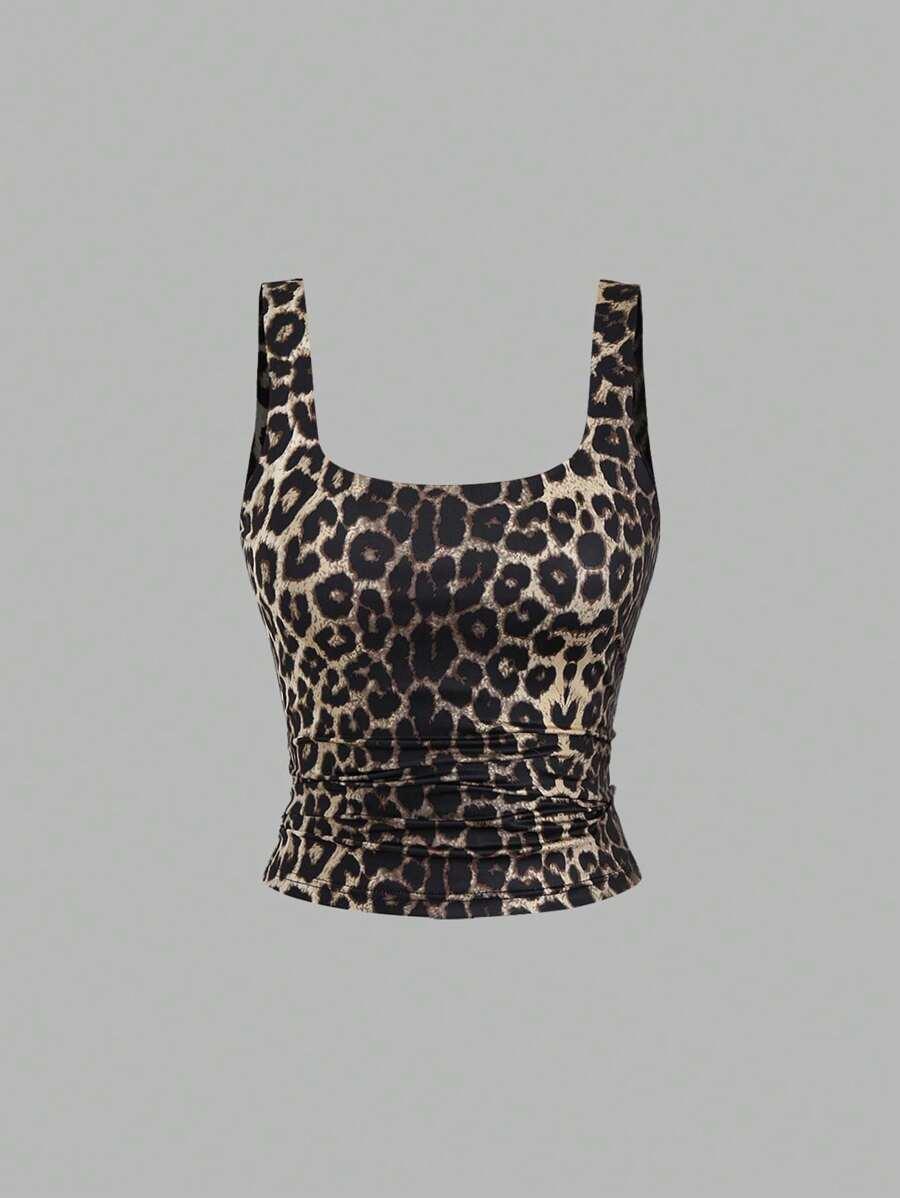 leopard print casual bowknot leopard print ruffle square neck tank top