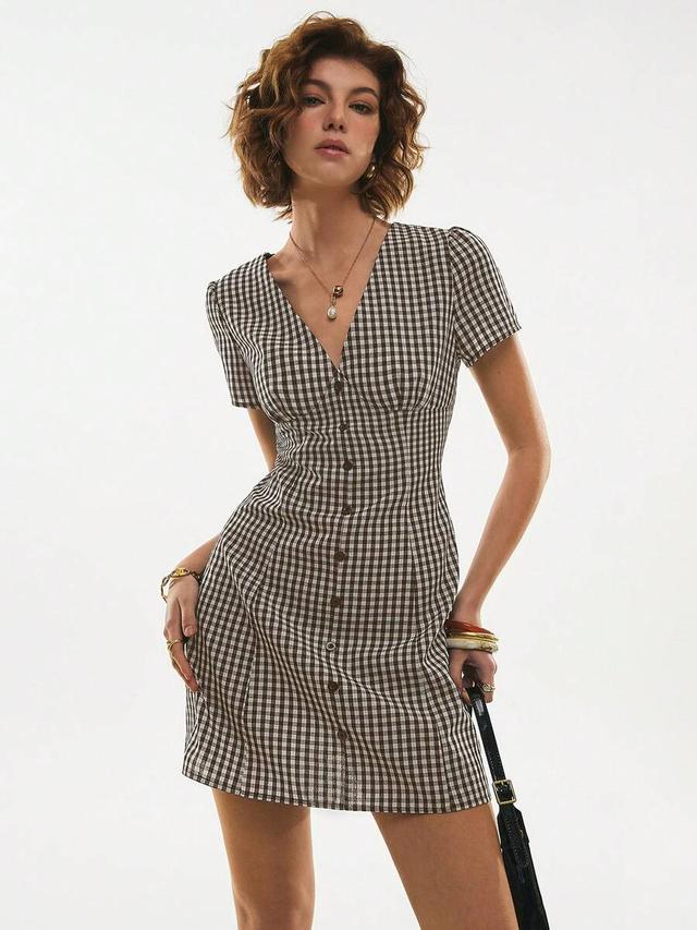 brown poéselle women's plaid short sleeve single-breasted mini dress