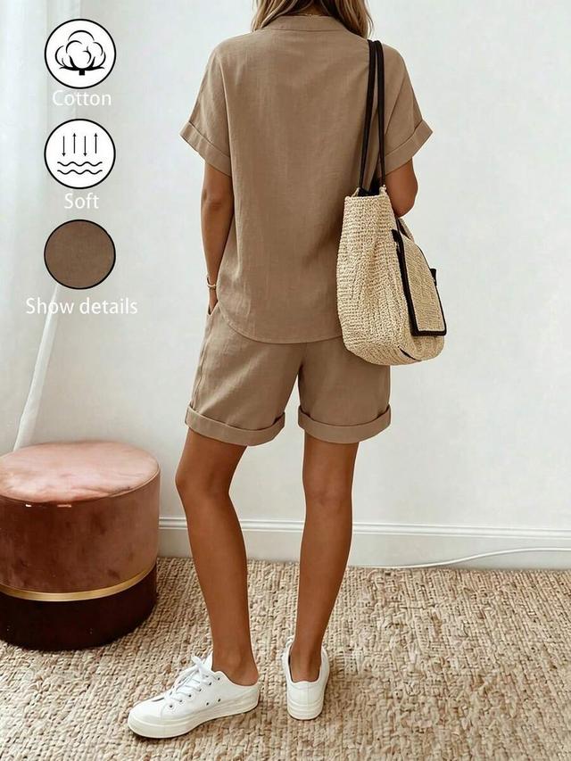 casual cotton linen mandarin collar shirt and shorts set