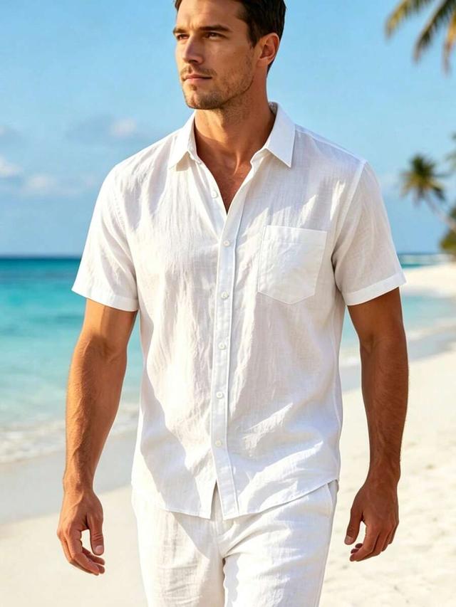 white linen short sleeve casual button down shirt