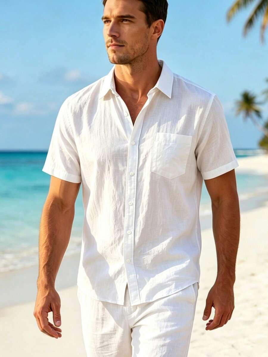 white linen short sleeve casual button down shirt