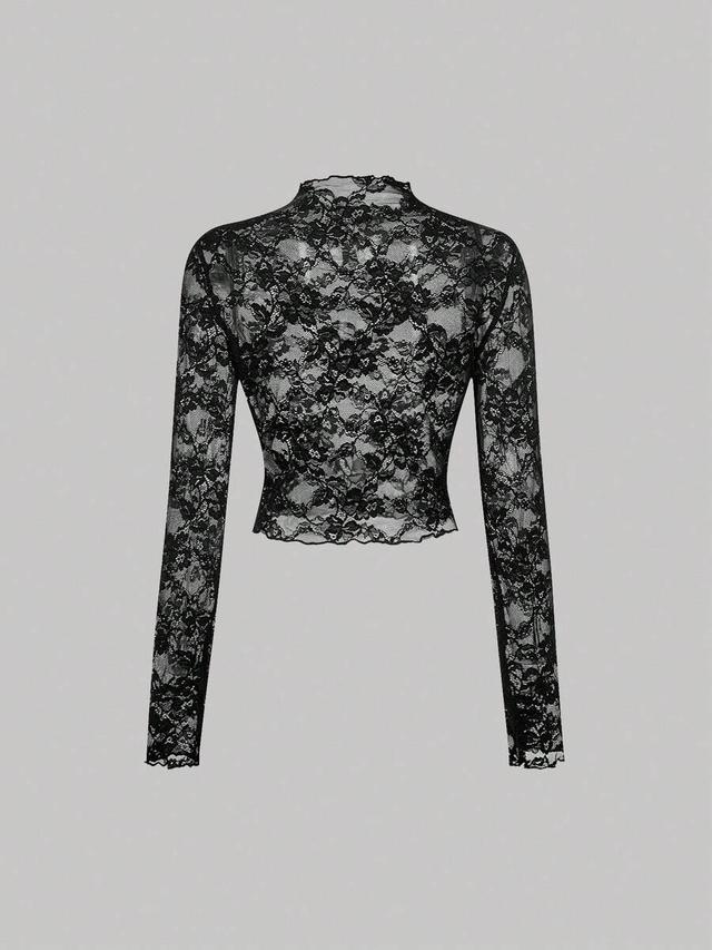 black floral lace mock neck long sleeve crop top