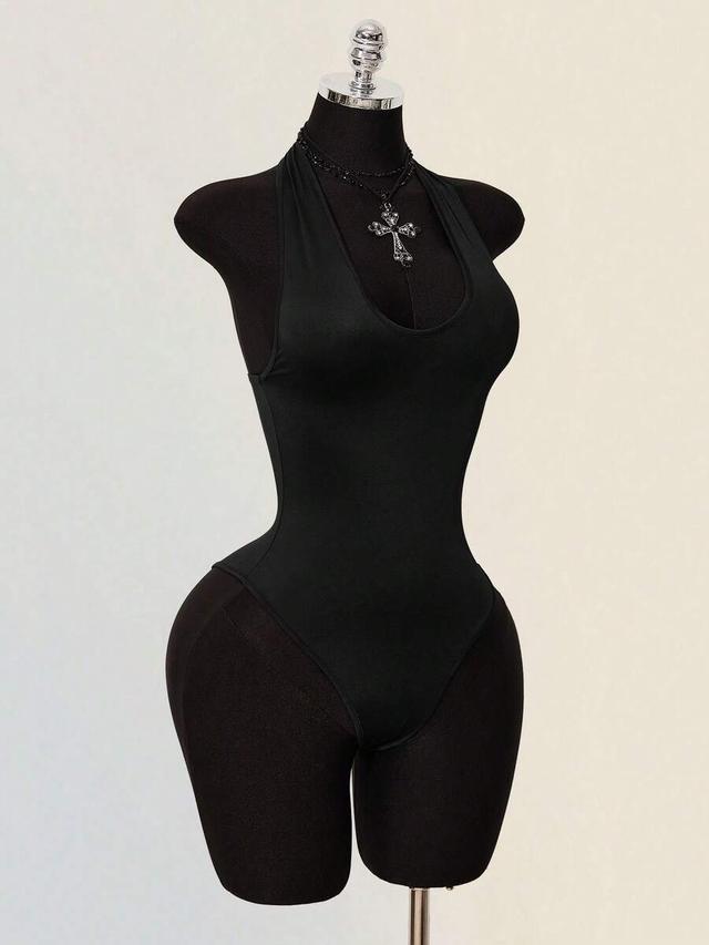 black backless halter bodysuit