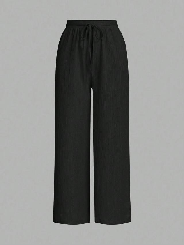 black waist-tie wide leg loose casual pants