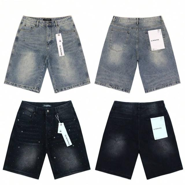 dark blue star studded light wash denim shorts