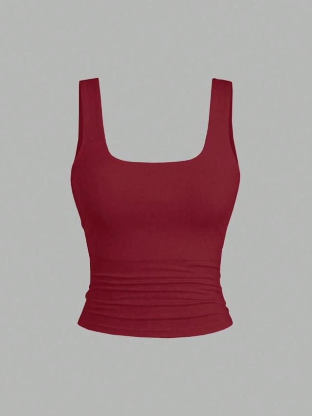 burgundy casual versatile square neck tank top