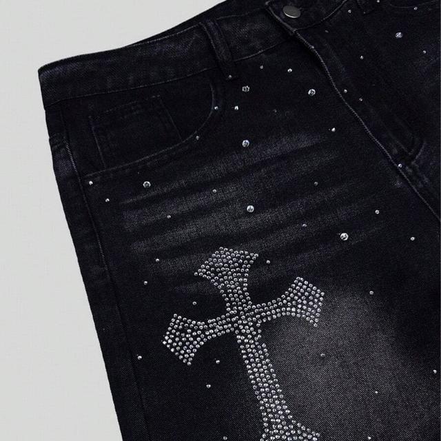 men's black denim shorts with rhinestone cross detailing